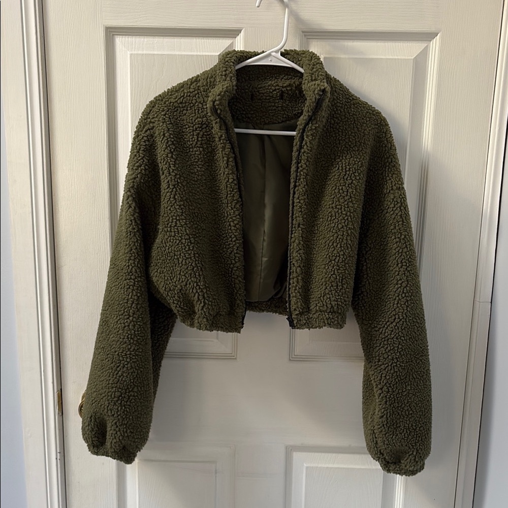Olive Green Sherpa Cropped Jacket